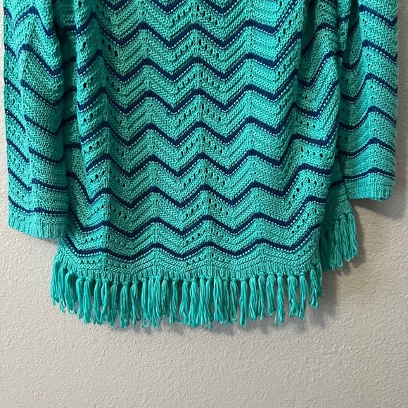 Ruby Rd. Teal and Blue Chevron Sweater with Fringe - Picture 2 of 5